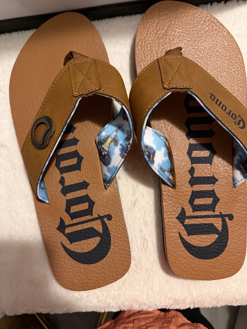 Corona Tan Brown Boys' Flip Flops with Blue Patterned Straps
